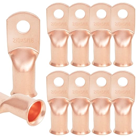 10PCS 2/0AWG - 5/16'' Heavy Duty Copper Terminals,Battery Cable Crimp Lugs,Battery Cable Ends,Bare Copper Eyelets Tubular Ring Terminals,Closed End Crimp Electric Connectors
