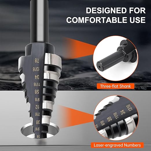 COMOWARE Step Drill Bit, 12 Sizes from 3/16" to 7/8", High Speed Steel Step Bit with 2 Straight Flutes, 3-Flat Shank, Steps Bits for Metal, Aluminum/Wood/Plastic/Iron, Unibit for Electricians & DIY
