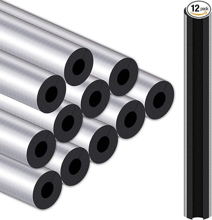 12Pcs Pipe Insulation Foam Tube Self Adhesive Insulation Foam Wrap Aluminum Foil Pipe Covers Protection Tubes for Winter Outside Spigot Water Heater Irrigation Pipes,1.3 Ft x 0.8 Inch