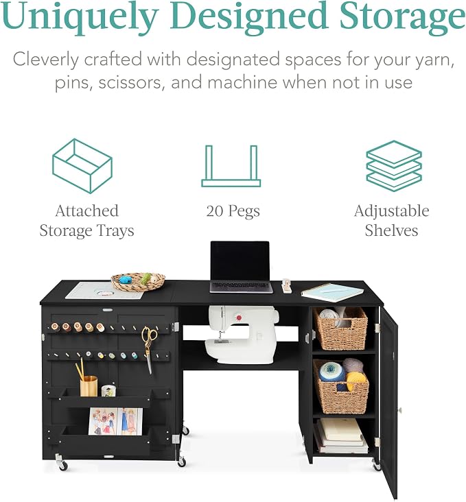 Best Choice Products Large Folding Sewing Table, Caster Wheels, Storage Shelves - Image 3