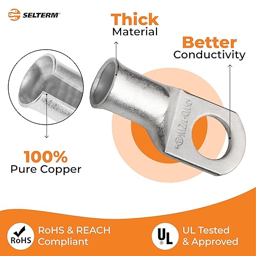 SELTERM 10pcs 1/0 AWG-1/2 Stud (Wide Pad) Tinned Copper Wire Lugs, Heavy Duty Battery Cable Ends,0 Gauge Ring Terminals, UL Battery Lugs Marine Grade Copper Eyelets Battery Terminal Connectors