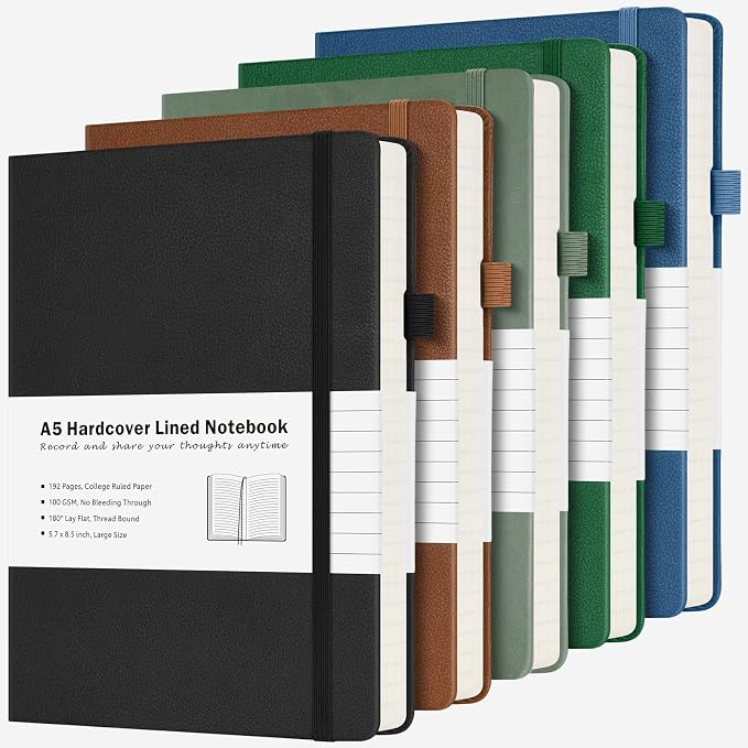 College Ruled Notebook, 5 Pack A5 Hardcover Leather Notebook by MALEDEN