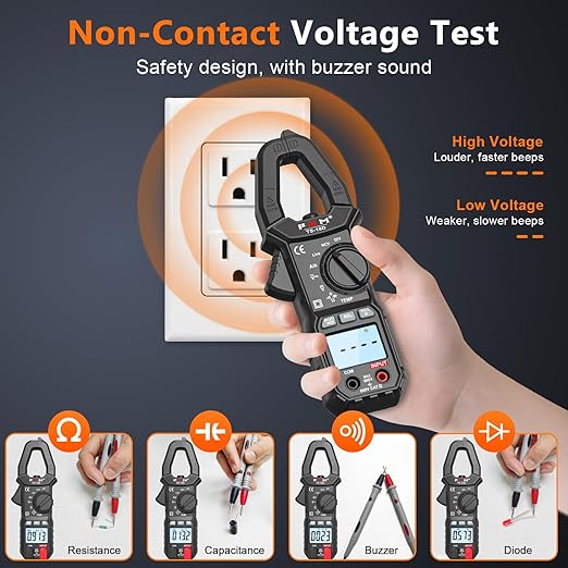 FKM Digital Clamp Meter Multimeter Tester TRMS 6000 Counts Auto-ranging Amp Smart Voltage Tester,for AC/DC Current,AC/DC Voltage,NCV Detection,Resistance,Capacitance,Continuity,Diode,Hz,Temp Test