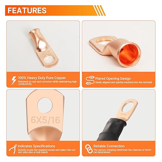 Kuject 220PCS Battery Cable Ends AWG 1 2 4 6 8 1/0 2/0 Gauge, 110PCS Heavy Duty Copper Wire Lugs Kit, Battery Cable Terminal Connectors Assortment with 110PCS 3:1 Heat Shrink Tubing