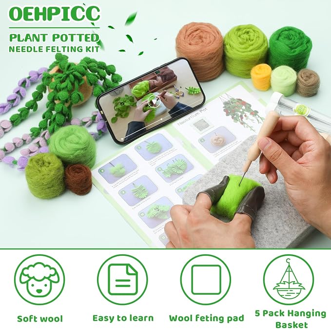 OEHPICC Needle Felting Kit, 5 Pack Hanging Plants Needle Felt Beginner Kit | - Image 4