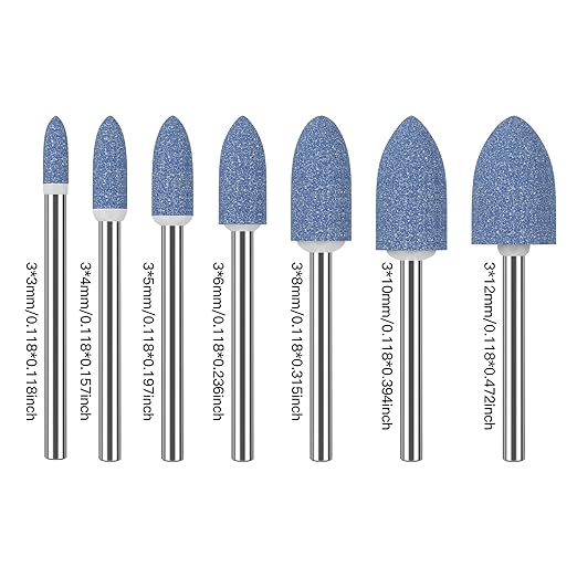 HUHAO 7Pcs Rotary Grinding Stone- 3mm Shank Assorted Shape Abrasive Stone Mounted Grinding Point Sharpening Bits for Rotary Tool Drill, Grinding, Polishing