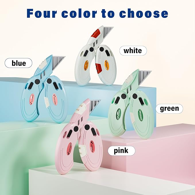 4 Pack Folding Utility Knife with 10 Extra Blades,Box Cutters with Button Lock Mechanism,Navajas Para Trabajo for Home,Office and Warehouse,Pink.