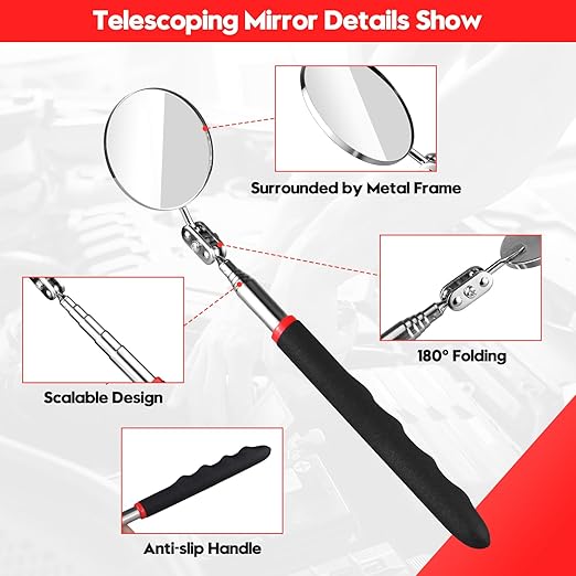 2 Pcs Inspection Mirror, Mechanics Mirror Tool with Long Handle, Round Extendable Mirror on a Stick & 360 Rotation Bendable Circular Mirror for Technicians Mechanics Contractors Checking Observation