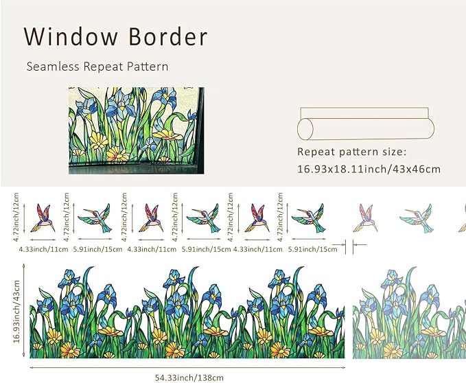 Original Hand Drawn Iris Faux Stained Glass Window Border Film, Watercolor - Image 4