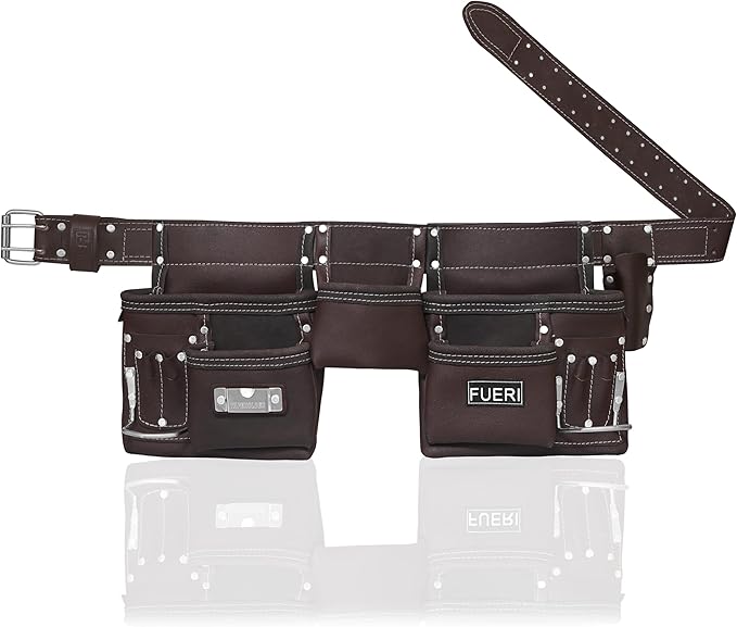 FUERI Leather Tool Belt Bag Men Pouch Heavy Duty Tools Pouches Organizer for Carpenter Construction Electrician Belts Bags Holder (11 Pocket Chocolate, Adjustable)