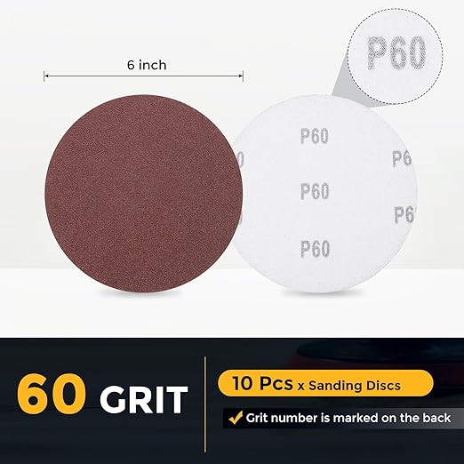 HARFINGTON 10 Pcs 6 Inch Sanding Disc 60 Grit Hook and Loop Sandpaper Random Orbital Sander Pads for Woodworking Automotive Metal Polishing