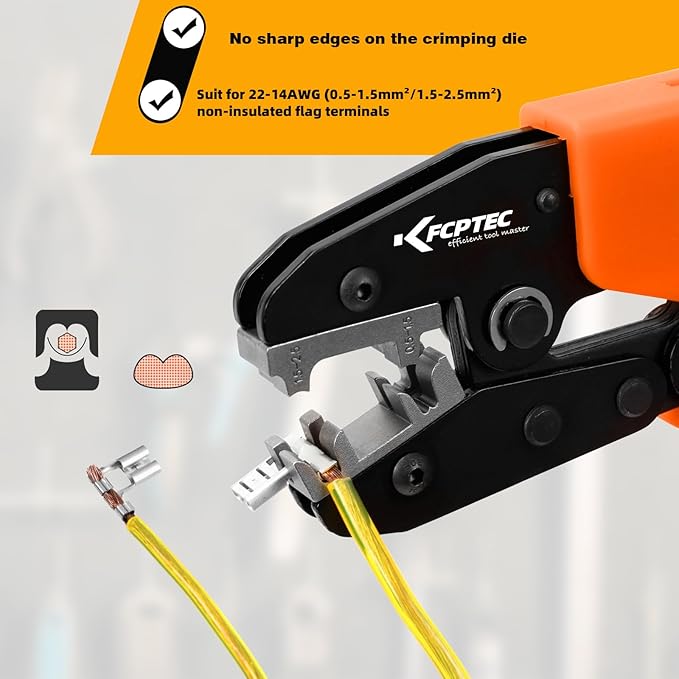 KF CPTEC Crimping Tool for 90° Flag Terminals, 22/14 AWG (0.5mm²/2.5mm²) - Ratchet Terminal Crimper - Electrical Crimping Tool