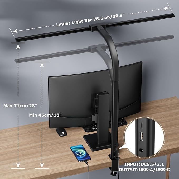 Desk lamp,LED Desk Lamps for Home Office,Eye-Care Architect Lamp for Desk with Clamp,Dual Screen Computer Monitor Gooseneck Smart Light:24W100 Lighting Models Adjustable Table Lamp for Study Drafting