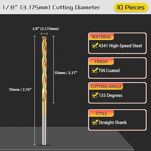 Drill Bit, 1/8" Cutting Diameter, 4341 HSS TiN Coated 135° Cutting Angle Jobber Bits - (Applications: for Drilling Soft Metal Plastic Wood), 10-Pieces