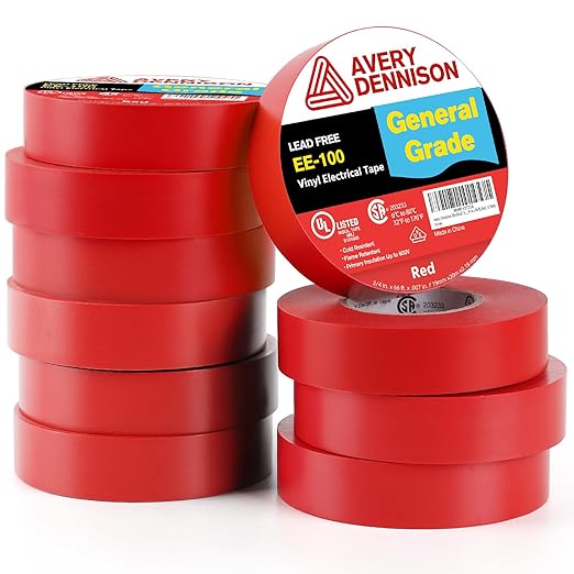 Avery Dennison Electrical Tape, 10 Rolls General Use PVC Electric Tape, UL/CSA Listed ¾ in x 66 ft Insulating Vinyl Tape for Electrical, Repairs, Automotive and Equipment, EE-100, Red