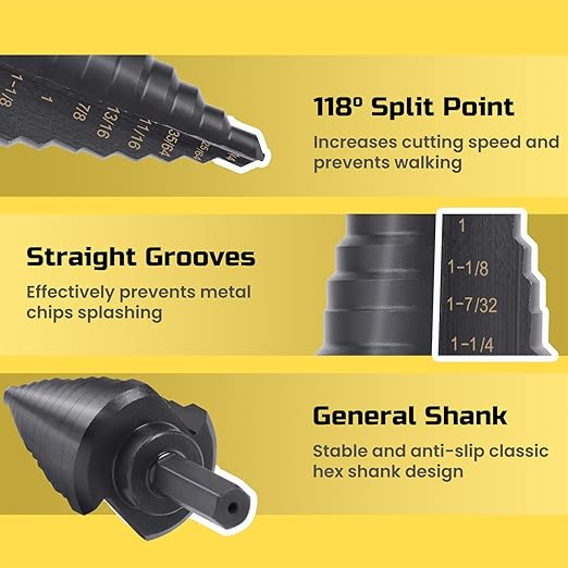 Lichamp Unibit Step Drill Bit for Metal, Genuine M2 Drill Stepper Bit for Hard Metal Heavy Duty, 11 Sizes from 1/4" to 1-3/8", Dual Straight Grooved with Hex Drive, A2BK