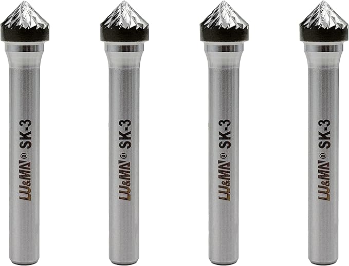 Tungsten Carbide Burr 90° Cone, SK-3, Double Cut, 3/8" x 3/16" Head, 1/4" Shank, Versatile Burr Bit, 4 pcs for Metalworking, Woodworking, Grinding, Shaping & Deburring by LU&MN