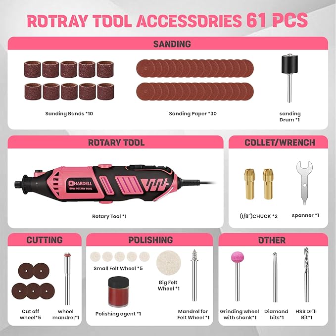 HARDELL Rotary Tool Kit - 180W Corded Power Rotary Tool 6 Variable Speeds with 61 Accessories, 8000-35000RPM, for Sanding, Polishing, Cutting, Engraving,Carving, DIY Crafts (PINK)