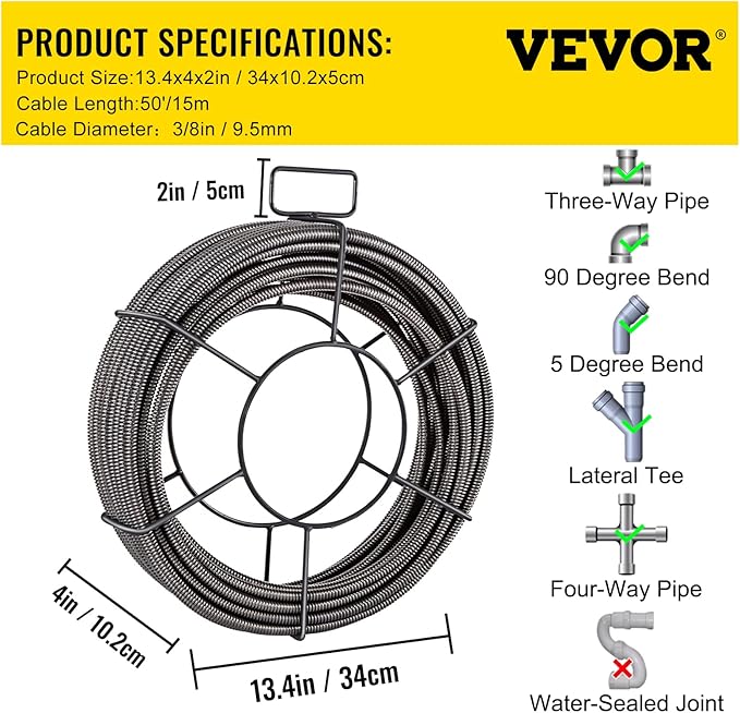 VEVOR Drain Cleaning Cable 50 Feet x 3/8 Inch Solid Core Cable Sewer Cable Drain Auger Cable Cleaner Snake Clog Pipe Drain Cleaning Cable Drain Auger Snake Pipe