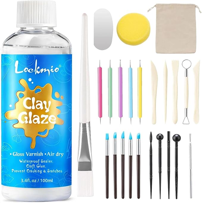 3.4FL OZ Air Dry Clay Glaze & 25pcs Tool Kit, Gloss Clay Varnish Protective by lockmio