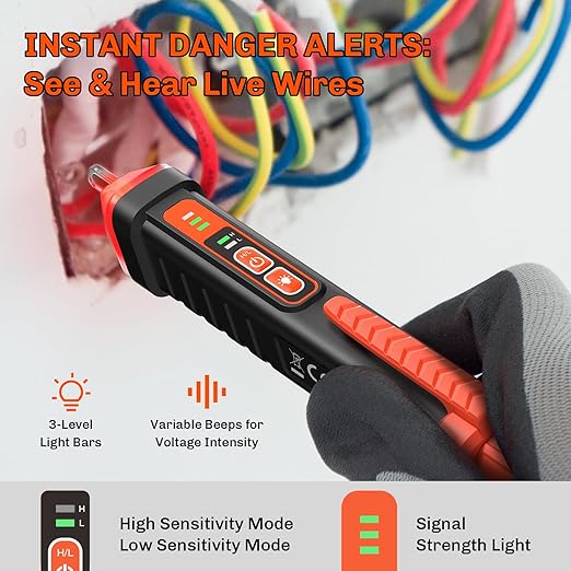 Non Contact Voltage Tester Pen, Electrical Tester Pen, AC 12/48-1000V Dual Sensitivity, Live/Neutral Wire Detector with LED Flashlight & Audible Alarm, Safety Certified, Breakpoint Finder