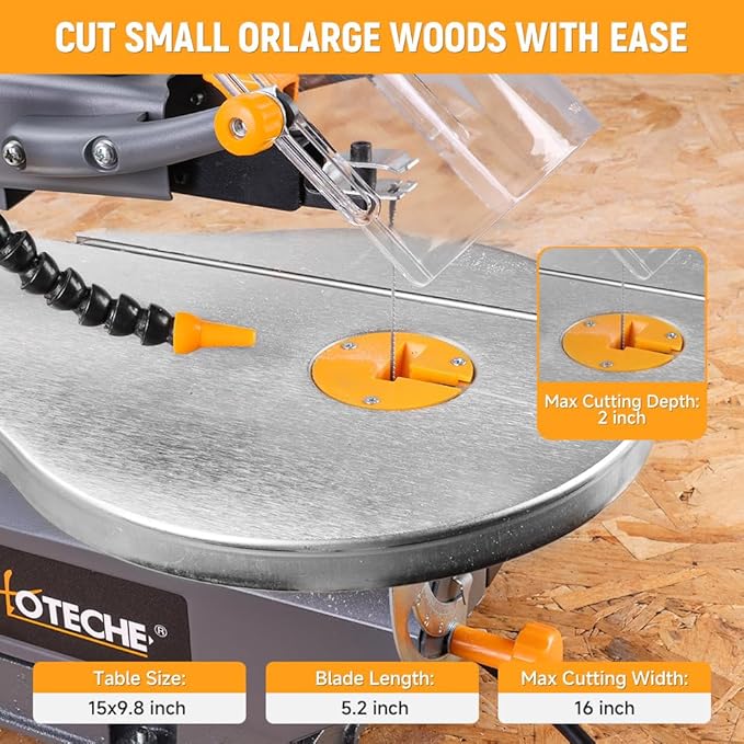 Hoteche 16-inch Power Scroll Saw for Woodworking with Large Tilting Working Table and Integrated Dust Port, Professional Woodworking Tool for Detailed Cutting, Fretwork, Crafting