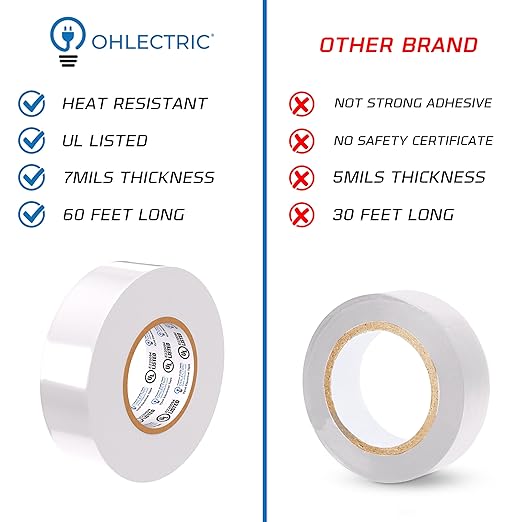 OHLECTRIC Professional Grade Vinyl Electrical Tape (10 Pack) White - 7 Mil Thick Flame-Retardant, Heat & Weather Resistant 3/4 Inch x 60 Feet | Ideal for Contractors & Electricians