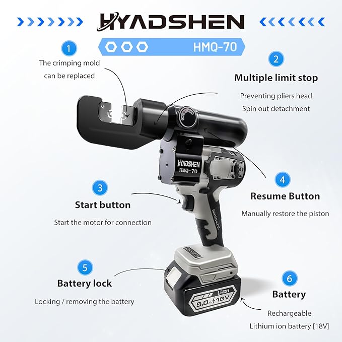 Electric Hydraulic Cable Lug Crimping Tool, Hydraulic Electrical Terminal Cable Lug Wire Crimper Rechargeable Crimping Tool Kits with 8 Dies, 12 AWG to 2/0 AWG（HMQ-70）