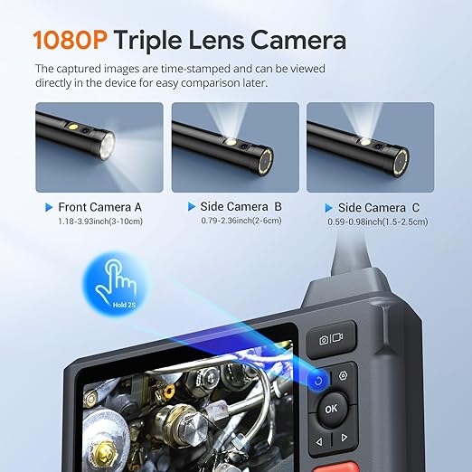 Triple Lens Sewer Inspection Camera with 50FT Semi-Rigid Cable, DEPSTECH 5"IPS Screen Endoscope Camera with Lights, 1080P Industrial Borescope, Split Screen, Waterproof Drain Pipe Tool, Carrying Case