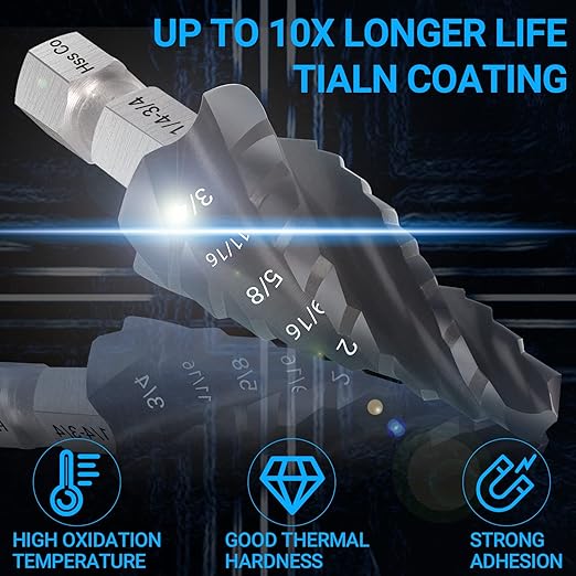 MABLEVI M35 Four Spiral Flute Cobalt Step Drill Bit 1/4" - 3/4", Wear-Resistant TiAlN Coated 1/4" Hex Shank Unibit Step Bit for Metal, Stainless Steel, Aluminum, Wood, Plastic（9 Sizes）