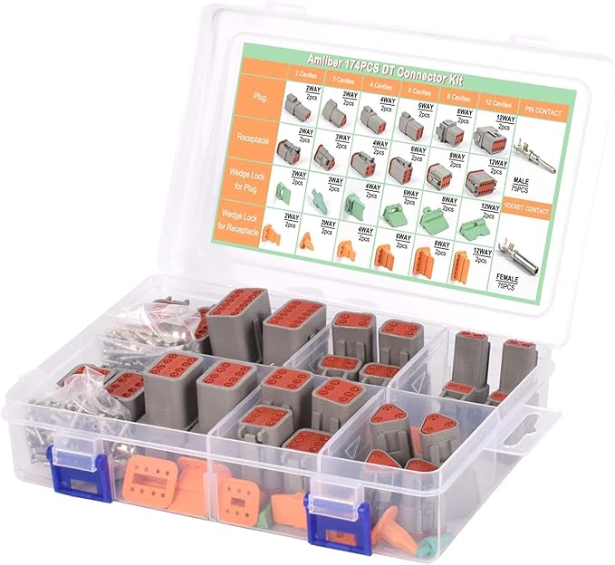 174Pcs 12 Kits DT Connector Kit With Ratcheting Wire Crimper for Deutsch Connector, 2 3 4 6 8 12 Pin Connectors Automotive Electrical Connectors With Size 16 Stamped Contacts IP68 Waterproof