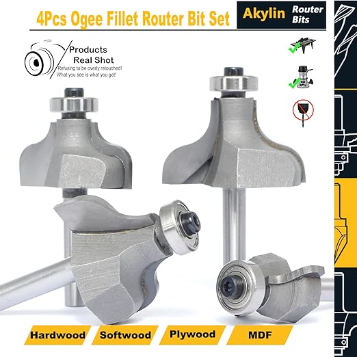 4Pcs Ogee Fillet Router Bit Set,1/4" Shank,Bearing Guided Ogee Mould Bits Radius 4.5mm, 5.7mm,7mm,8.4mm Profile Edge Cutter for Wood Profiling,Routing,Molding