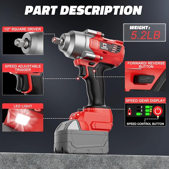 Cordless impact Wrench 1/2 inch for Milwaukee 18v Battery, 750FT-LBS (1000N.m) Brushless Electric Impact Gun Includes LED Work Light with 6 Sockets, High Torque Impact Driver, Bare Tool Only