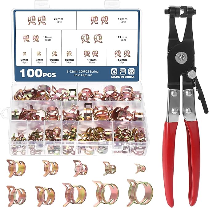 OCR 100 Pack 6-22mm 10Size Fuel line Spring Clamp Silicone Vacuum Hose Pipe Clamp Steel Wire Tube Pipe Clip With a Hose Clamp Pliers