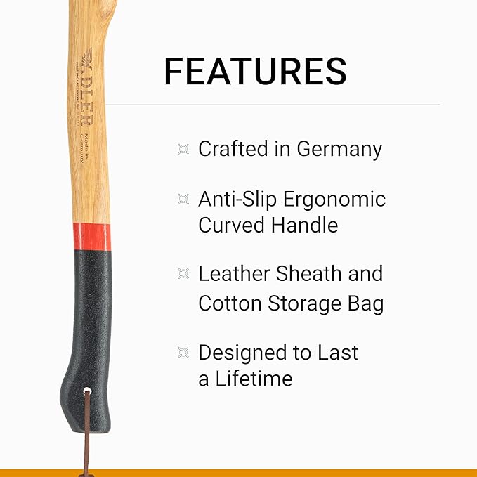 The Canoe Axe - German Made Bushcraft, Kindling, Camping & Hiking Axe, Leather Sheath, German Made, Anti-Slip 19.5" Hickory Wood Handle, 1.35 Pound Head (Red Stripe)