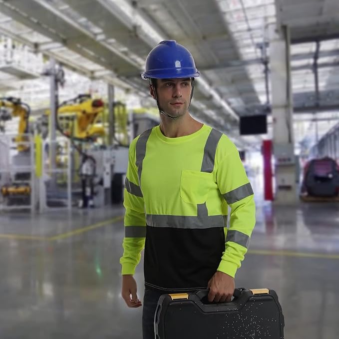 High Visibility Class 3 T Shirts，Hi Vis Safety Shirts with Reflective Strips and Pocket, Long Sleeve Quick Dry Mesh Construction Work Shirt for Men/Women Black Bottom Lime，XL