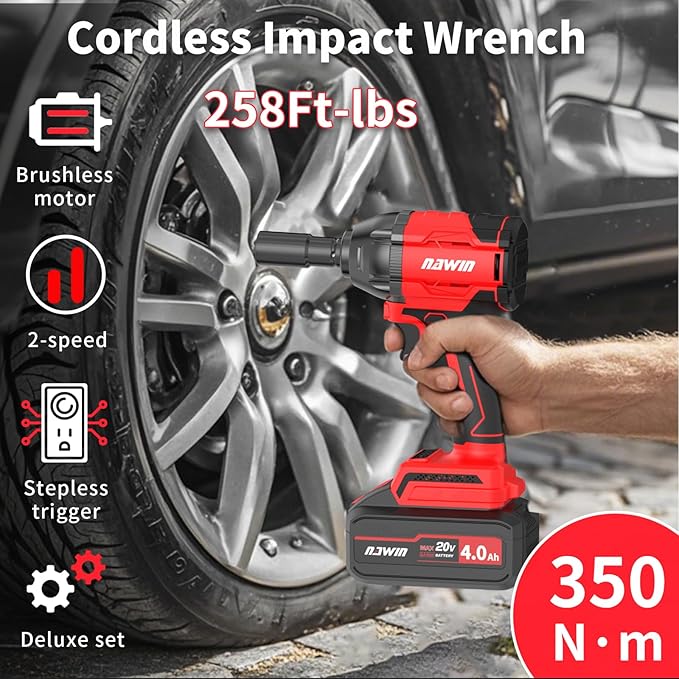 NAWIN Cordless Impact Wrench, 258Ft-lbs & 350Nm Power Impact Socket Set, 1/2 inch, Multi-Speed Adjustment, Led Light, 20V Impact Wrench with 2×4.0Ah Battery, Fast Charger