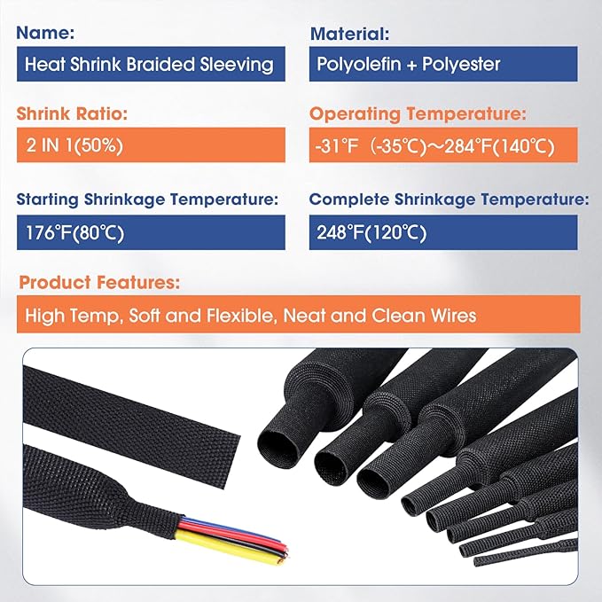 2:1 Heat shrinkable Braided Sleeving Fabric Wire Loom High Temp Heat Shrink Wiring Harness Abrasion Protector Cable Sleeve(3/8"-15ft)