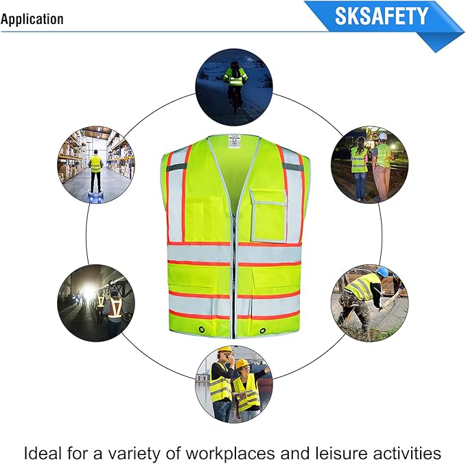 SKSAFETY 10 Pockets Safety Vest, Class 2 High Visibility Security with Zipper, Hi Vis Vest with Reflective Strips, ANSI/ISEA Standard, Construction Work Vest for Men ＆ Women （Lime, 3XL）