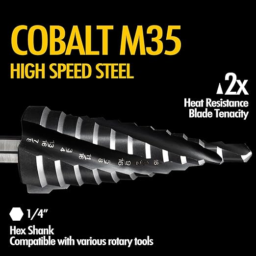 Four Spiral Flute Cobalt Step Drill Bit, 1/8" - 1/2" M35 TiAlN Coating Impact Ready Unibit Step Drill Bit, 1/4" Hex Shank Step Bit for Metal, Stainless Steel, Aluminum, Plastic
