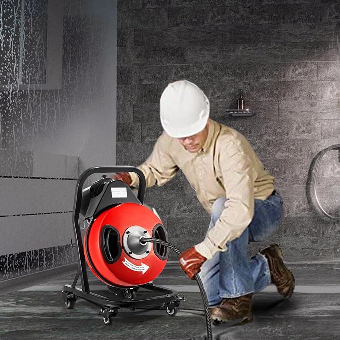 VEVOR 50FT x 1/2Inch Sewer Snake Cleaning Machine on 4 Wheels Electri Drain Auger with 4 Cutters & Foot Switch for 1''-4'' Pipes, Red, Black