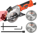 4Amp 3500RPM Mini Circular Saw with Laser Guide, Vacuum Adapter, Blade Wrench and Rip Guide, Max. Cutting Depth1-5/8"(90°), 1-1/10"(45°）Compact Saw with 2 pcs 4-1/2" 24T TCT Blades