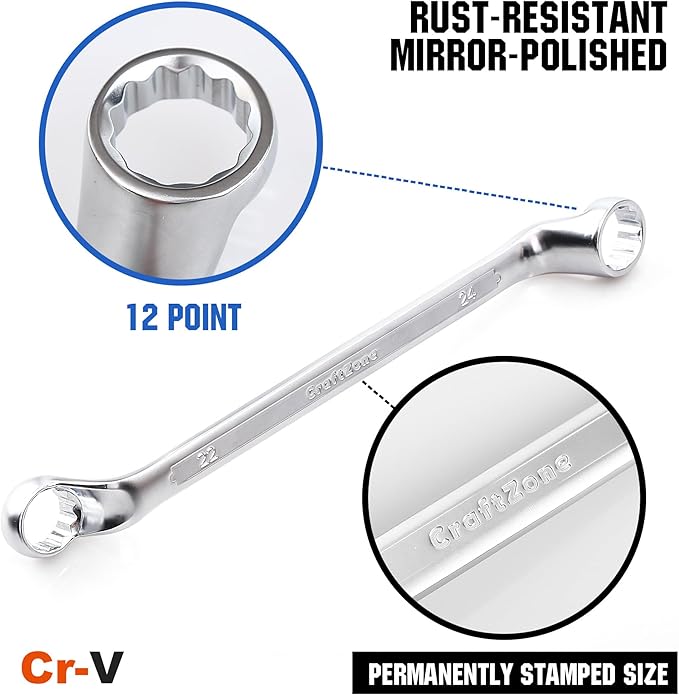 Ratchet Wrenches Set 9 PC Metric 6-24mm Ratcheting Wrench Set Double Offset Box End Spanner CR-V Steel with Rolling Pouch