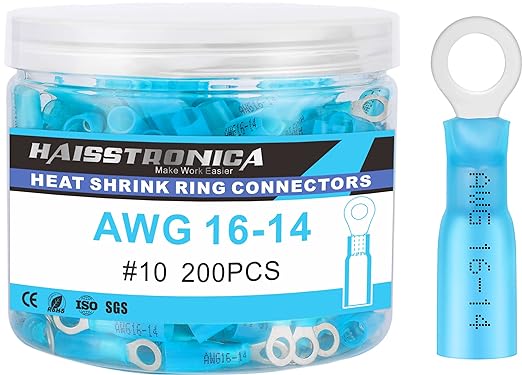 haisstronica 200PCS Heat Shrink Ring Terminals #10 Marine Grade Wire Connectors Blue AWG 16-14 Gauge, Tinned Red Copper 0.7mm Resistant Ring Connectors, Brazed-Seam Insulated Electrical Crimp