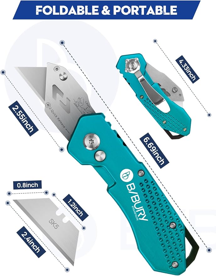 BIBURY Utility Knife, Heavy Duty Folding Box Cutter, Pocket Carpet Cutter Knife with 10 Extra SK5 Stainless Steel Blades, Easy Release Button, Belt Clip, Quick Change and Safety Lock-Green