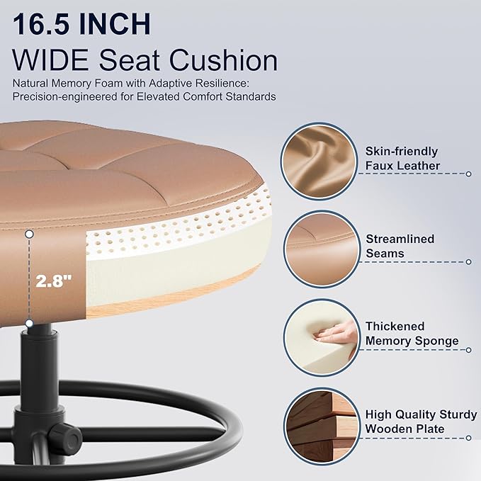 Misolant Armless Drafting Chair, Tall Office Chair no Wheels with Footrest Ring for Standing Desk, Small Faux Leather Executive Office Chair with Adjustable Height for Bar Counter Desk, Brown