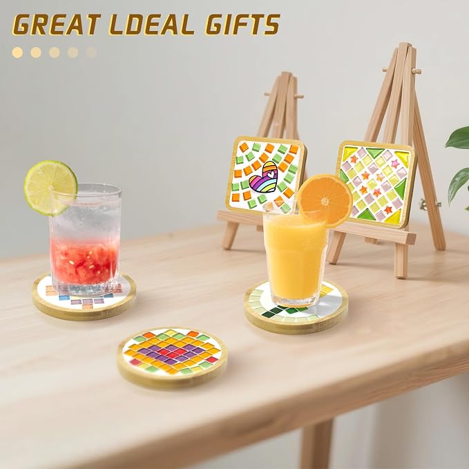 8 Sets DIY Mosaic Coaster Kit – Mixed Color Glass Mosaic Tiles - Image 6