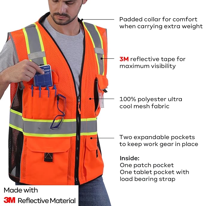 Neopelta Reflective Safety Vest Orange Mesh, Made with 3M Reflective Tape, Heavy Duty Vest with ID pocket, Padded Neck, Orange M