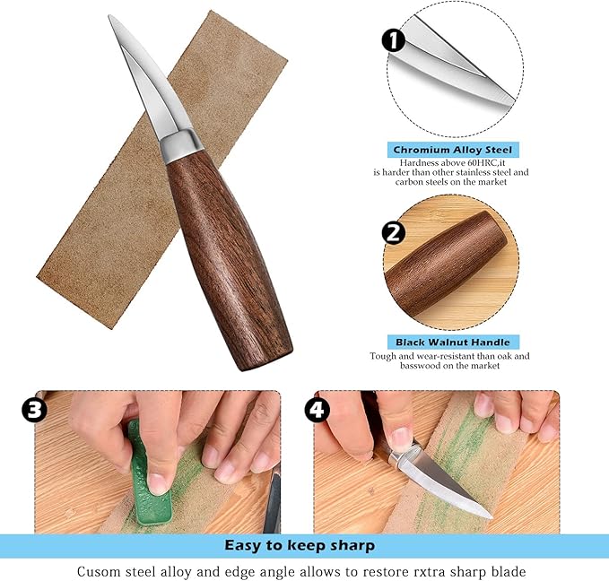 Wood Carving Tools Set,Detail and Hook Carving Knife Kit for Beginners,Trimming Knife for Spoon Bowl Cup Woodwork,Round handle design and 6pcs SK2 Carbon Steel Wood Carving Knives（10pcs）
