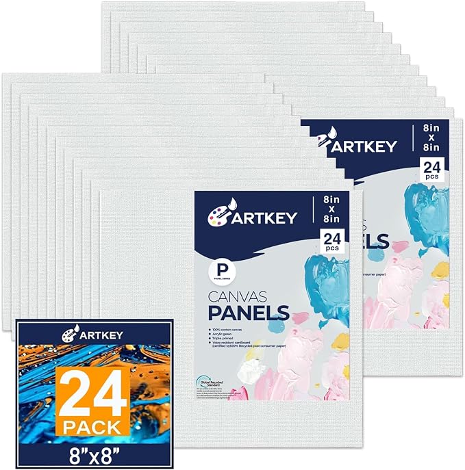 Canvas Panels 8x8 Inch 24-Pack, 10 oz Primed 100% Cotton White Blank Small by Artkey